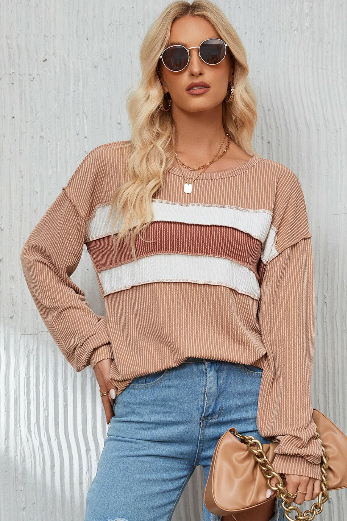 Ribbed Color Block Exposed Seam Round Neck Blouse.