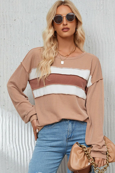 Ribbed Color Block Exposed Seam Round Neck Blouse.