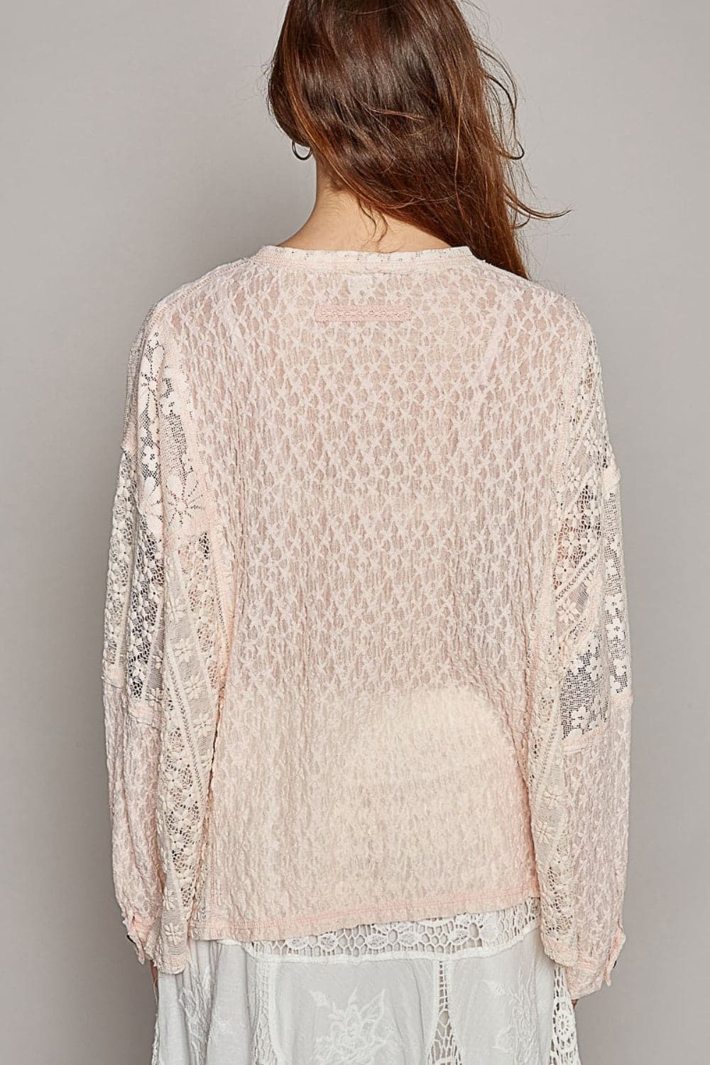 POL Round Neck Long Sleeve Raw Edge Lace Top.