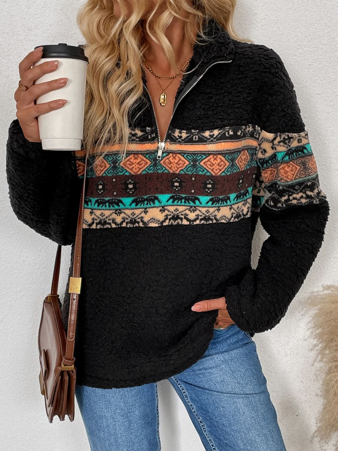 Geometric pattern quarter zip long sleeve pullover