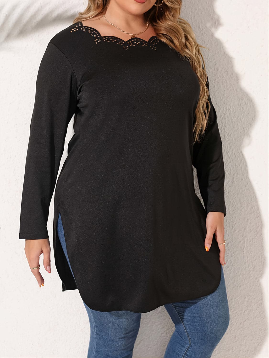 Plus Size Slit Long Sleeve T-Shirt.