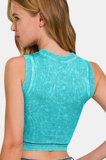 Zenana Washed Ribbed Seamless Crop Tank with Bra Pad.