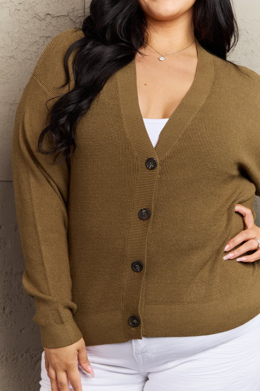 Zenana Kiss Me Tonight Full Size Button Down Cardigan in Olive.