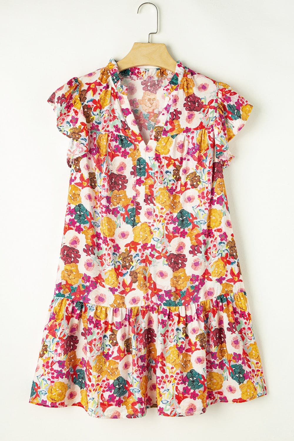 Ruffled Printed Cap Sleeve Mini Dress.