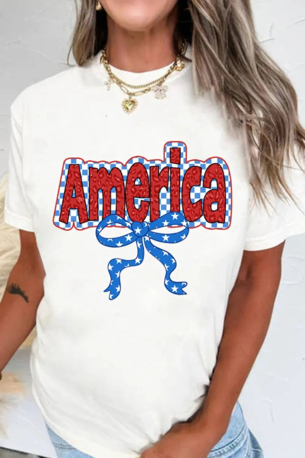Funky America Letter Bow Round Neck T Shirt Simply Love