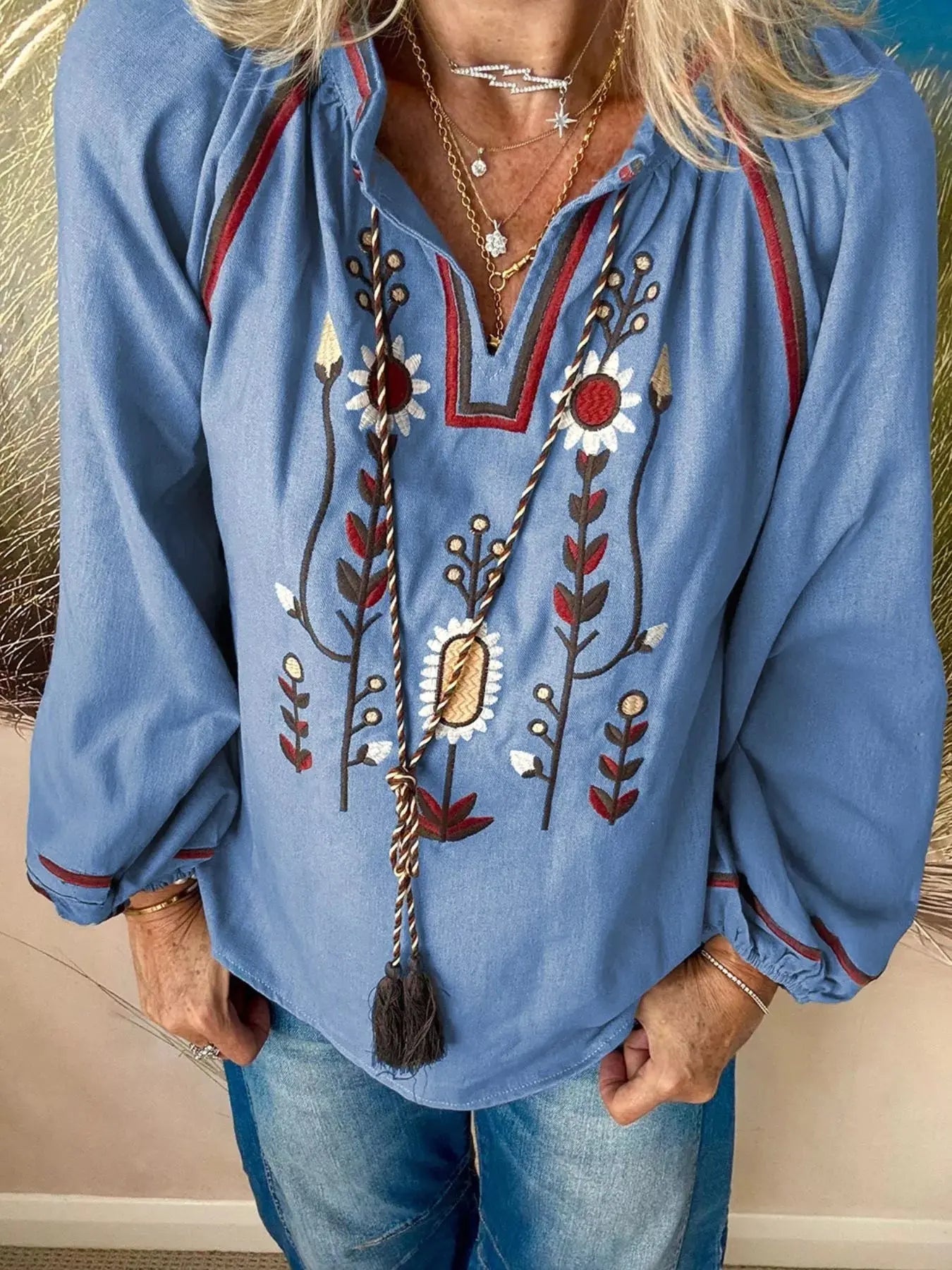Blue Floral Embroidered Split Neck Tassel Tie Puff Sleeve Blouse Simply Love
