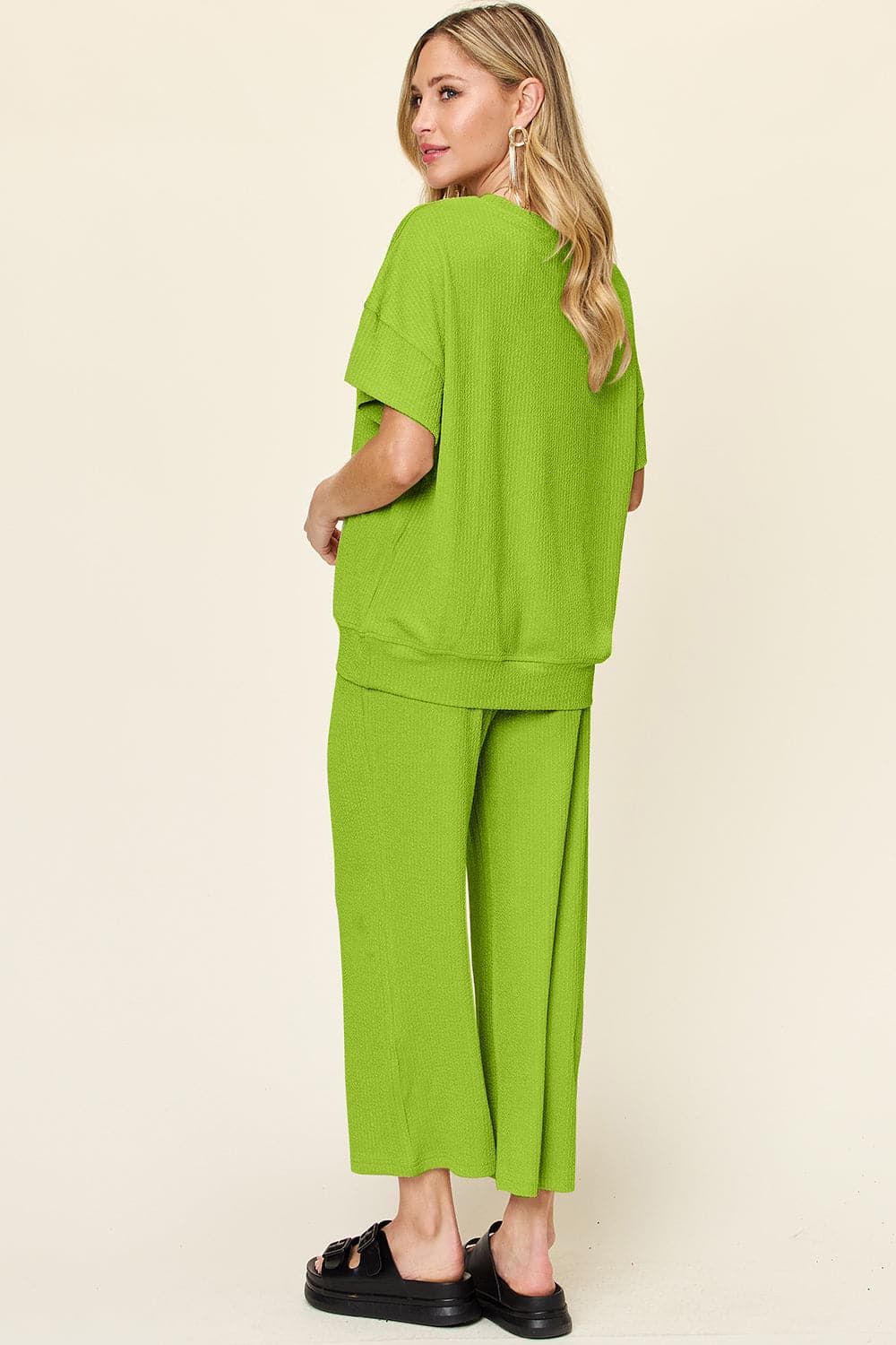 Double Take Full Size Texture Round Neck Short Sleeve T-Shirt and Wide Leg Pants.