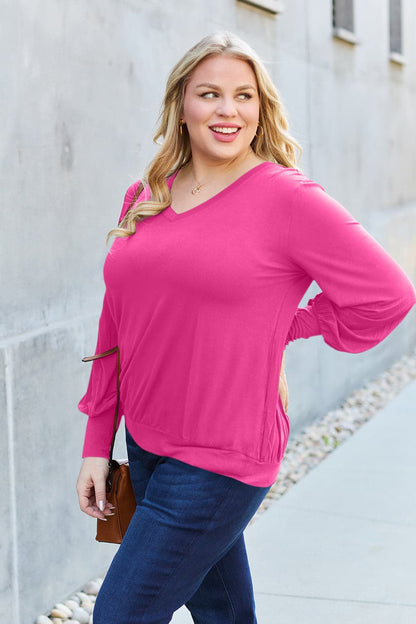 Basic Bae Full Size V-Neck Lantern Sleeve Top.