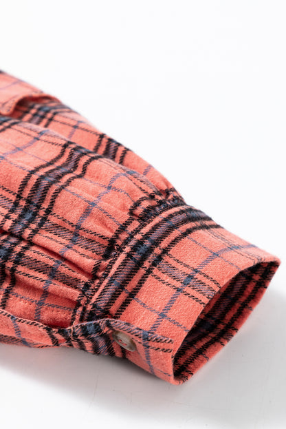 Red Plaid Long Sleeeve Side Split Distressed Hem Shirt