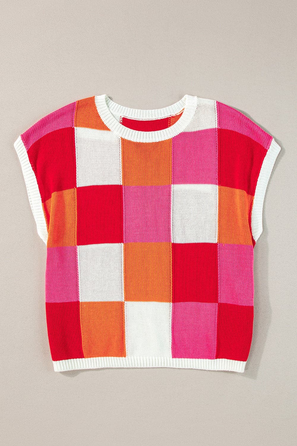 Color Block Round Neck Cap Sleeve Knit Top.