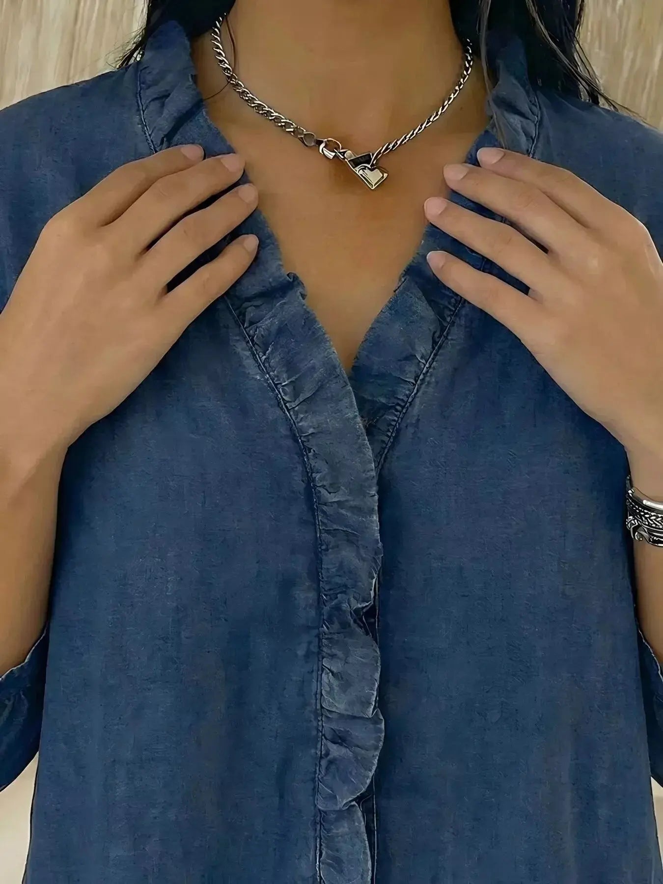 Full Size V-Neck Ruffled Button Down Shirt Plus Size Simply Love