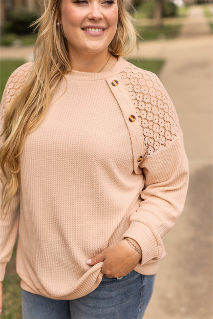 Chic beige plus size waffle knit top with lace patchwork and button details