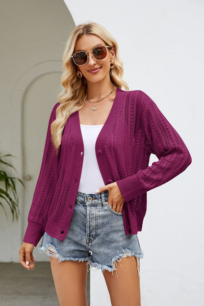 Openwork Button Front V-Neck Cardigan.