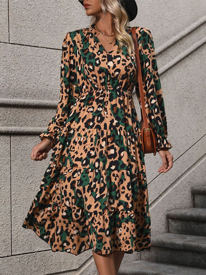 Leopard Notched Flounce Sleeve Midi Dress.