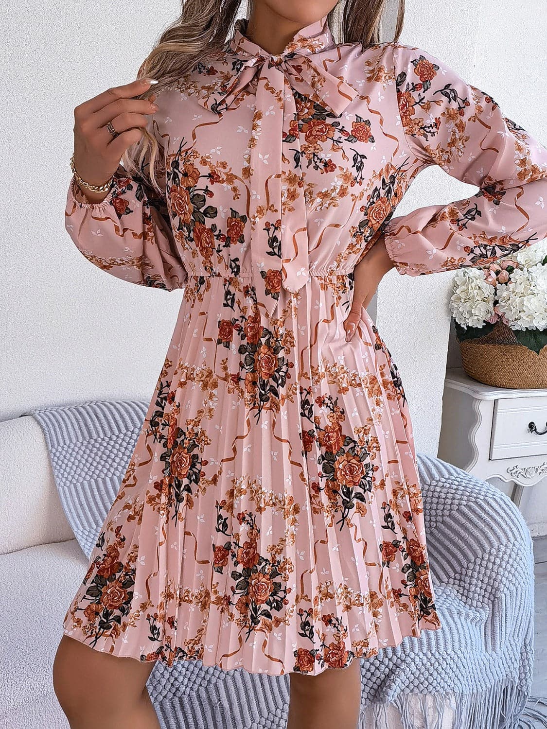 Pleated Printed Tie Neck Long Sleeve Dress.