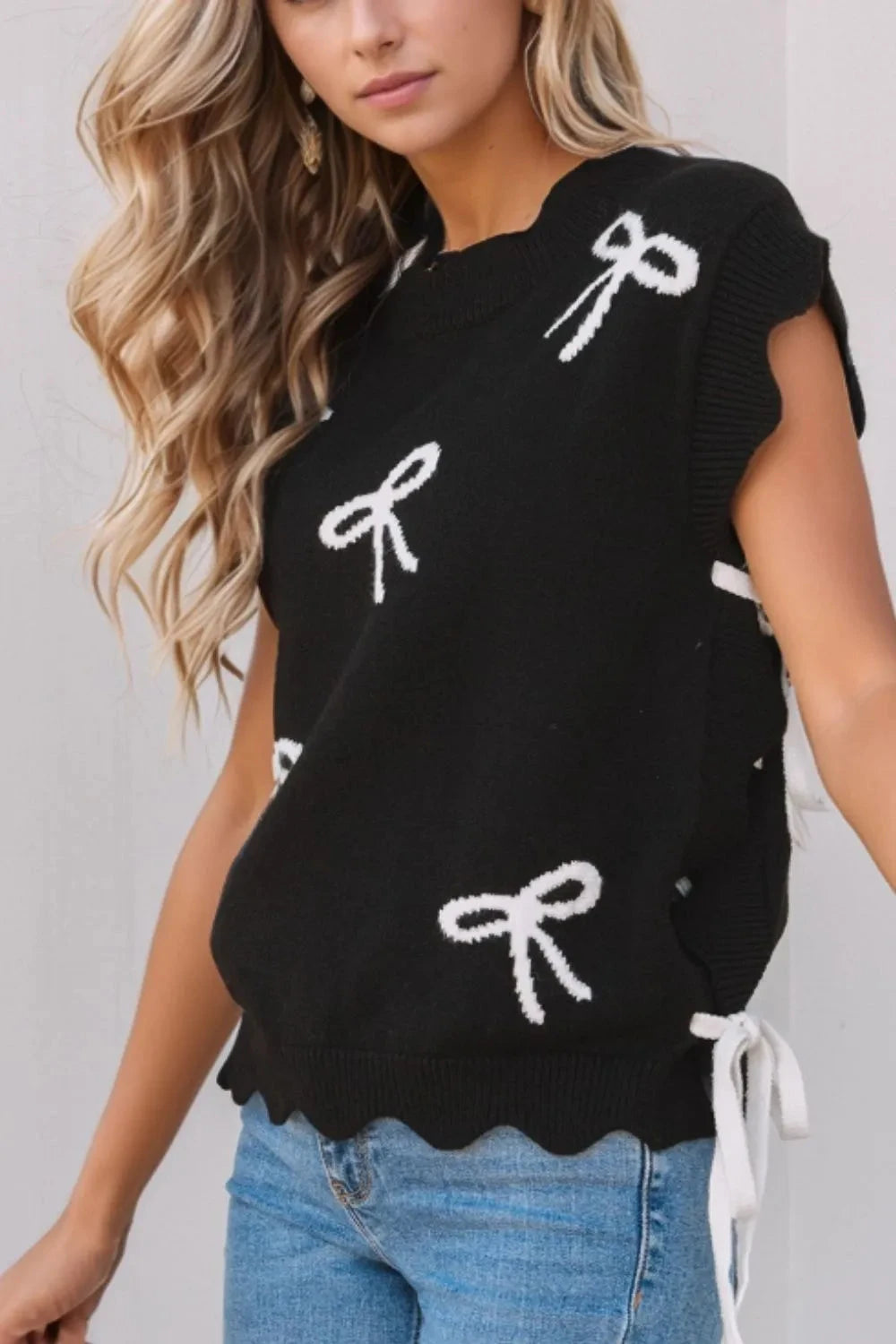 Bow Side Ties Scalloped Hem Cap Sleeve Sweater Simply Love