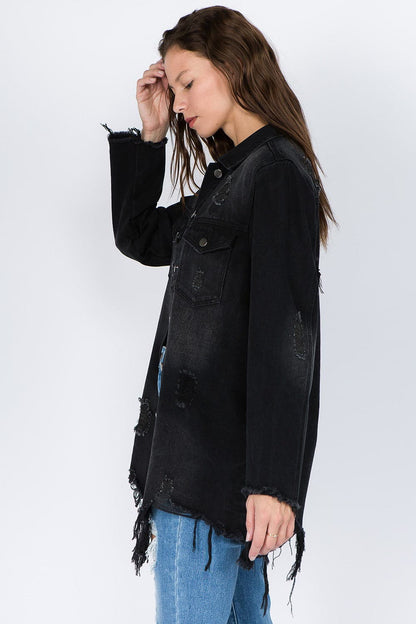 Vintage-inspired distressed denim jacket with frayed hem