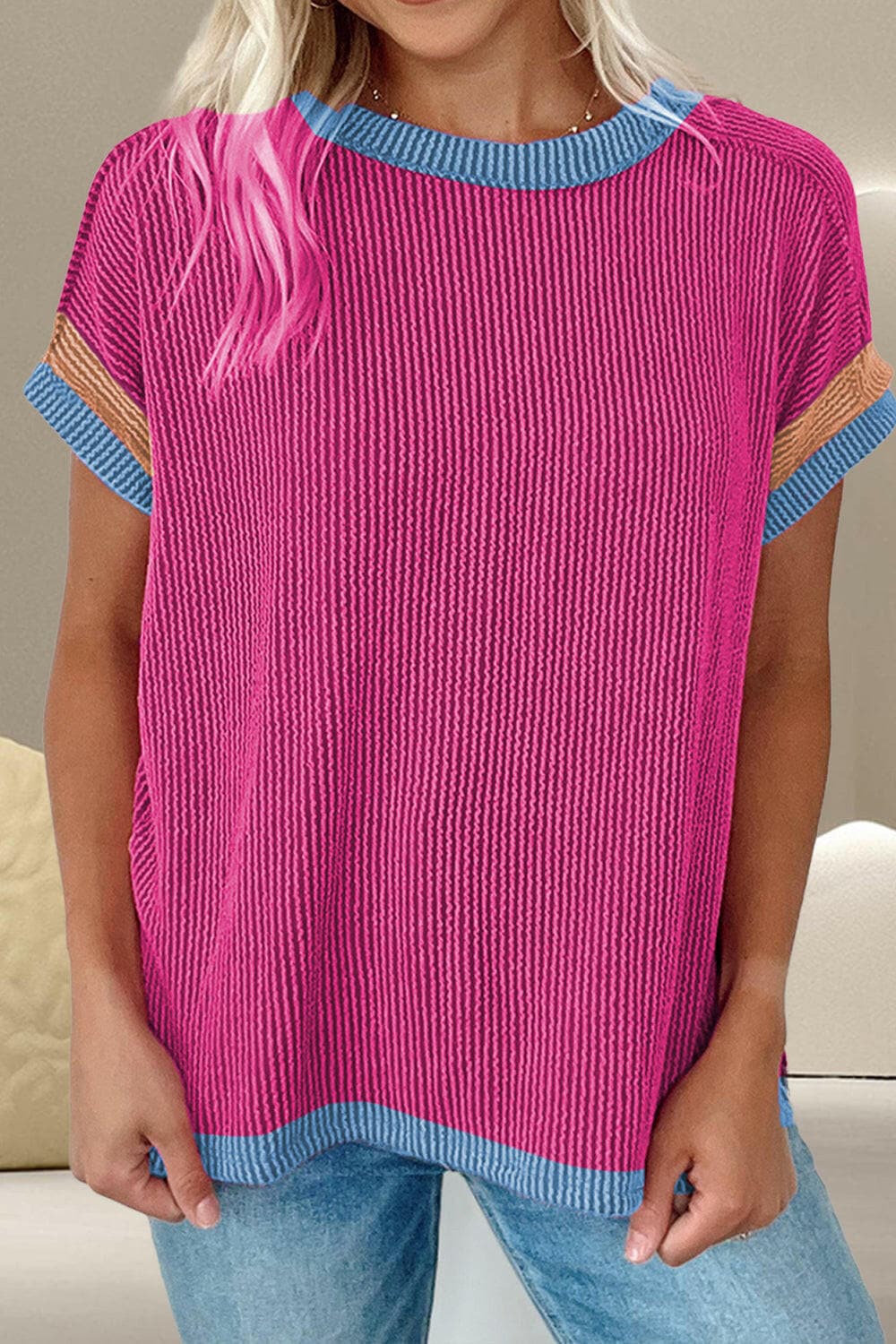 Color Block Round Neck Cap Sleeve T-Shirt.