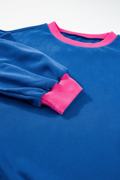 Chic blue colorblock bubble sleeve pullover sweatshirt