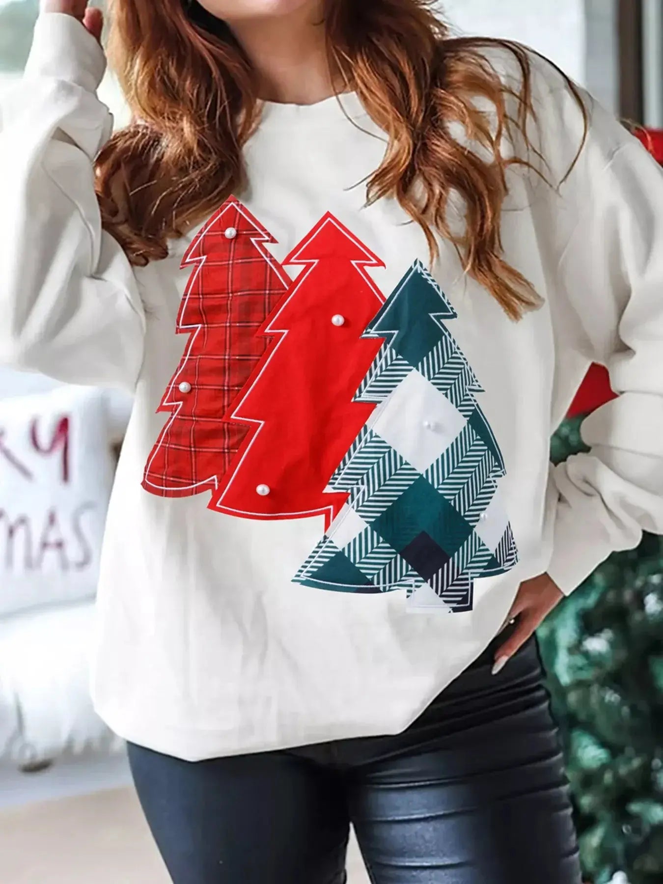 Pearl Plaid Christmas Tree Patched Drop Shoulder Sweatshirt Simply Love