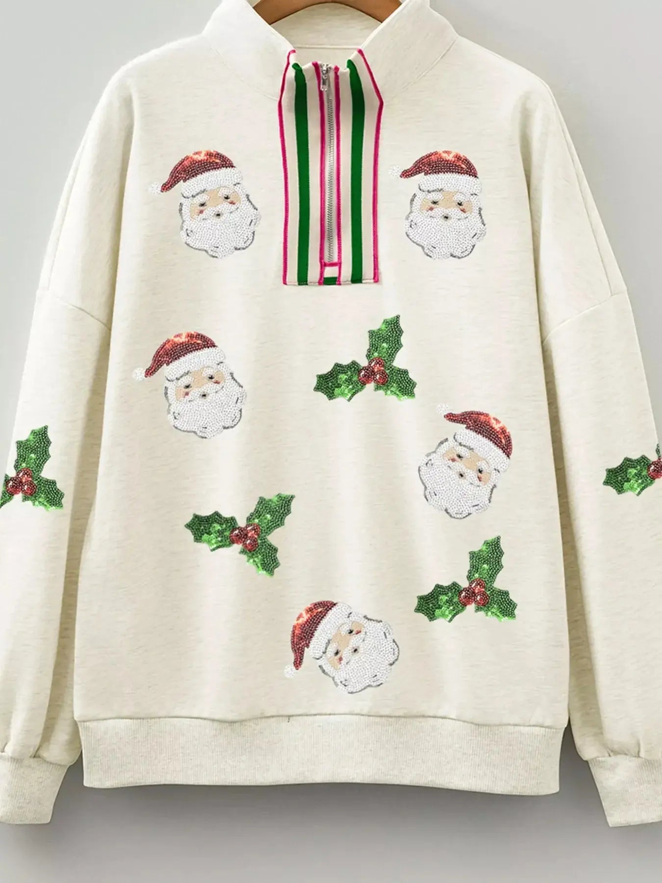 Sequin Santa Christmas Holly Patched Striped Trim Zip V Neck Sweatshirt Simply Love