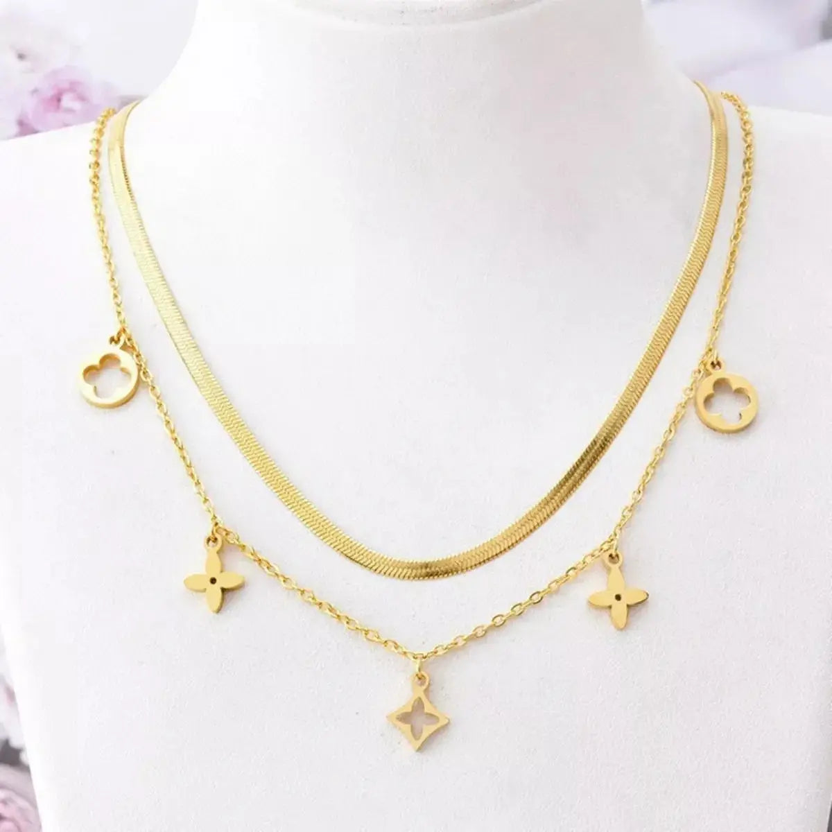 18K Gold Plated Double Layered Charm Necklace With Flower And Star Charms Simply Love