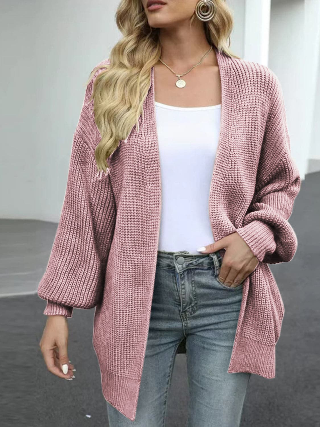 Drop Shoulder Balloon Sleeve Cardigan.