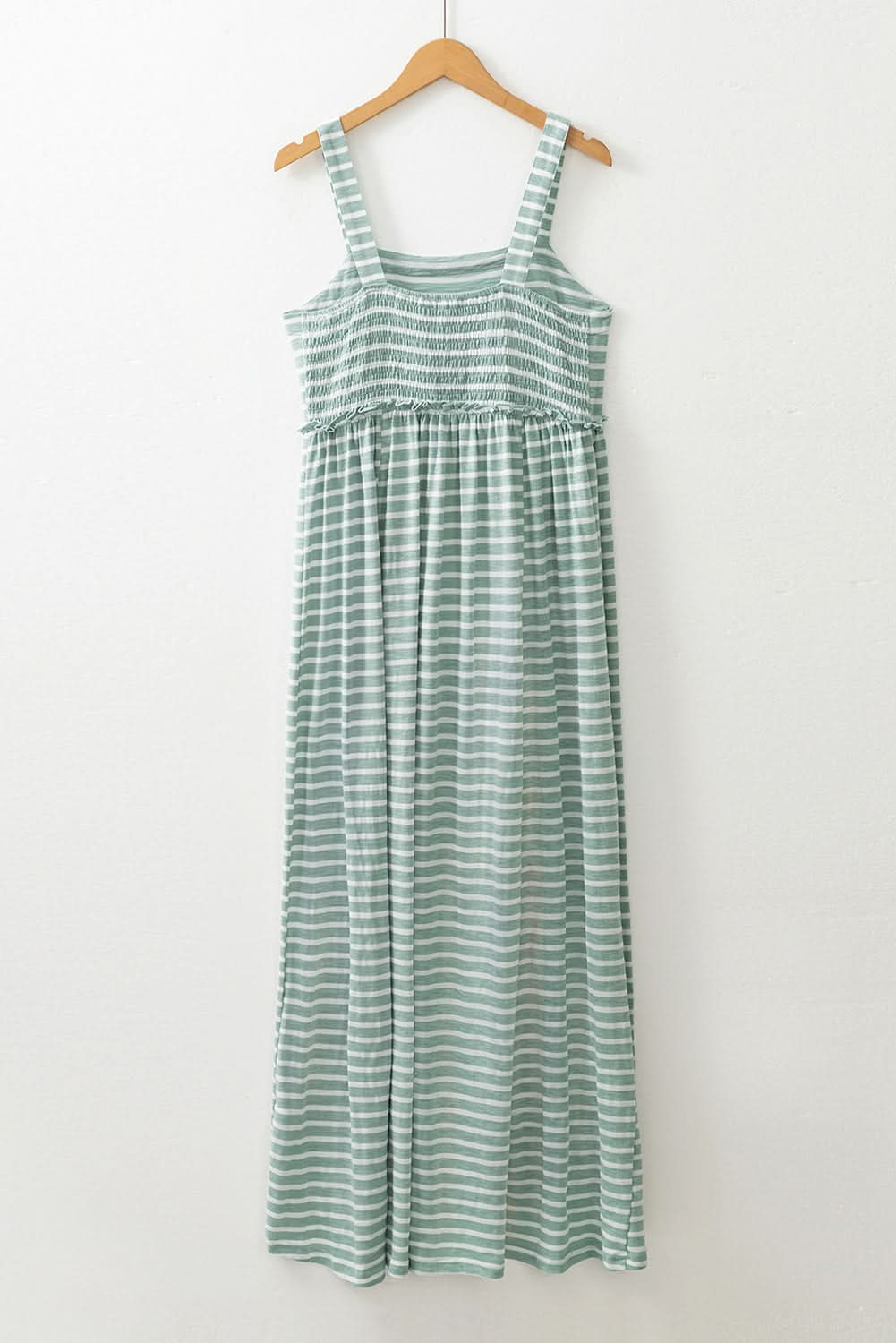 Shirred High Waist Green Striped Maxi Dress with Frills and Sleeveless Design