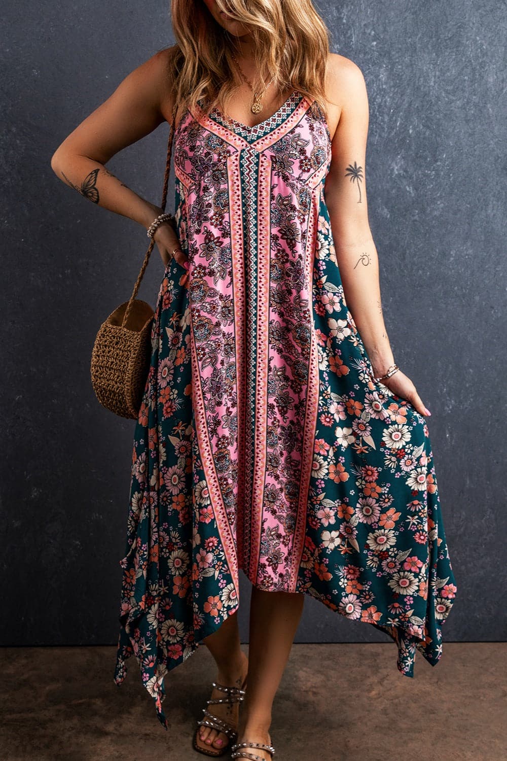 Printed V-Neck Midi Cami Dress.