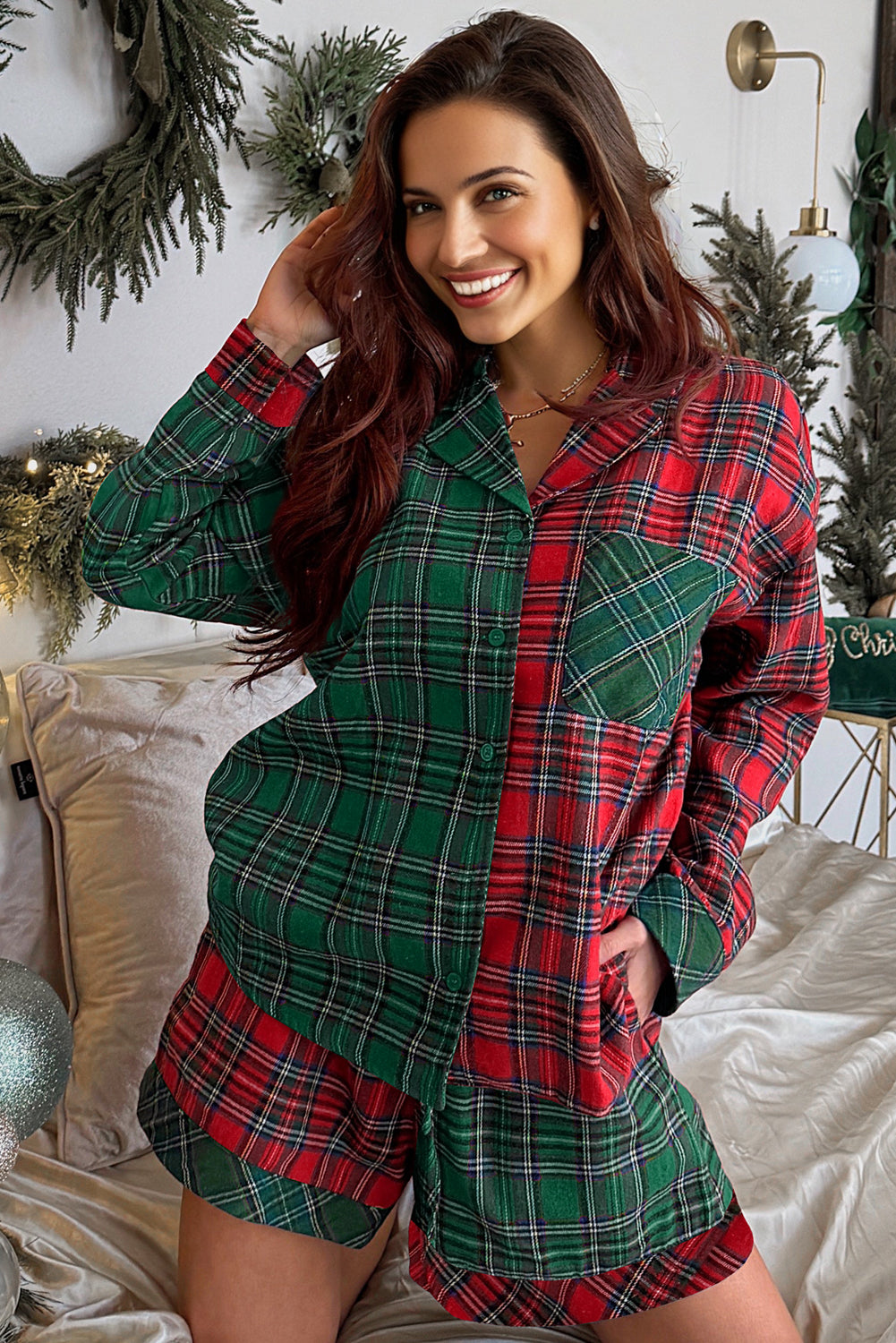 Red Plaid Christmas Two Piece Pajama Set Long Sleeve Shirt