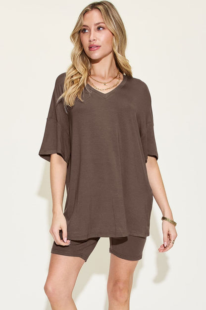 Basic Bae Full Size V-Neck Drop Shoulder T-Shirt and Shorts Set.