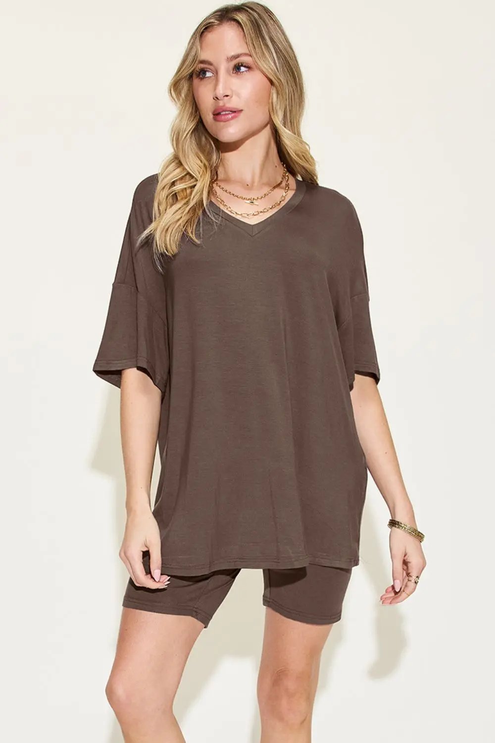 Basic Bae Full Size V-Neck Drop Shoulder T-Shirt and Shorts Set - Love Salve