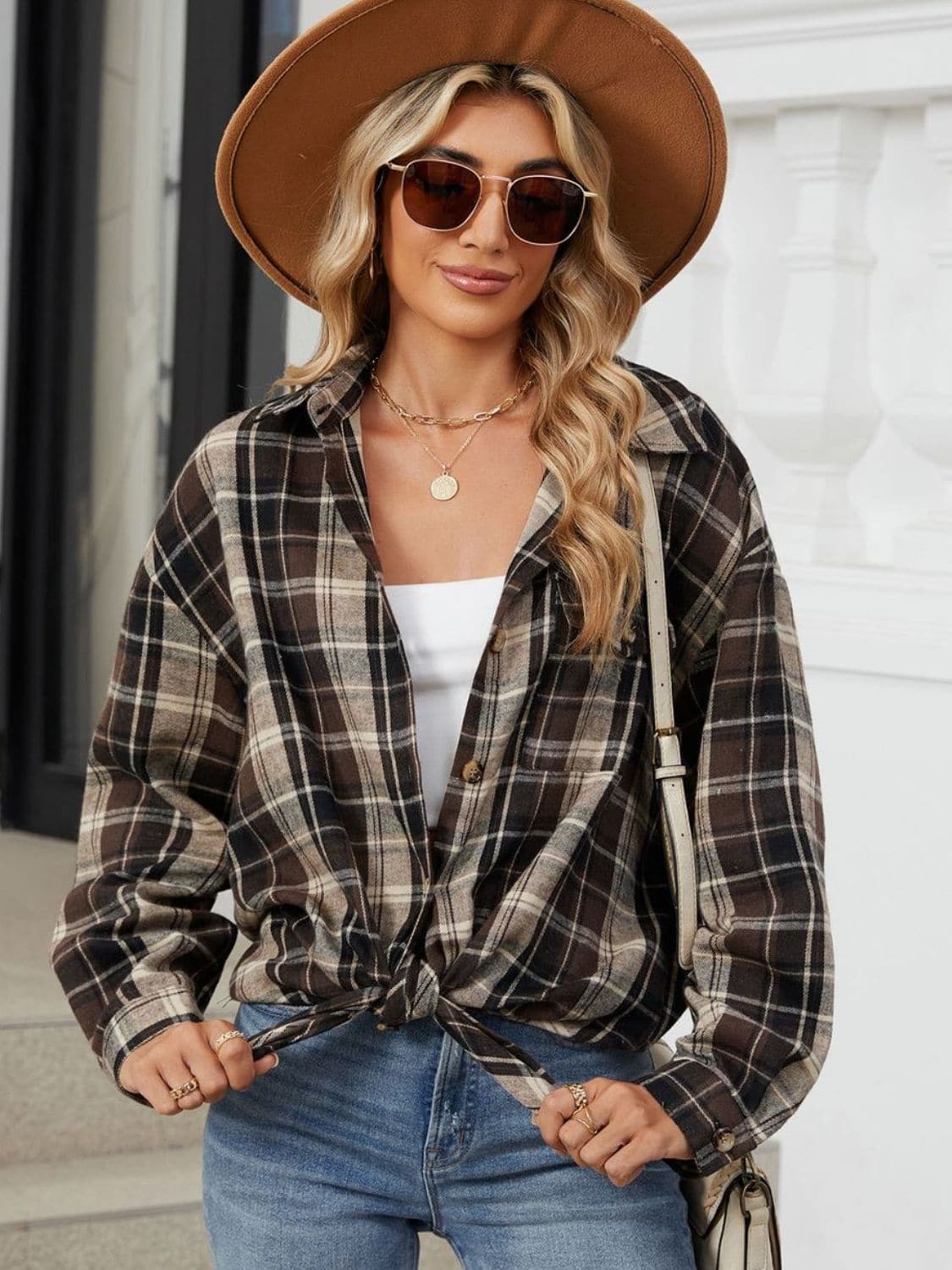 Plaid Collared Neck Long Sleeve Shirt.