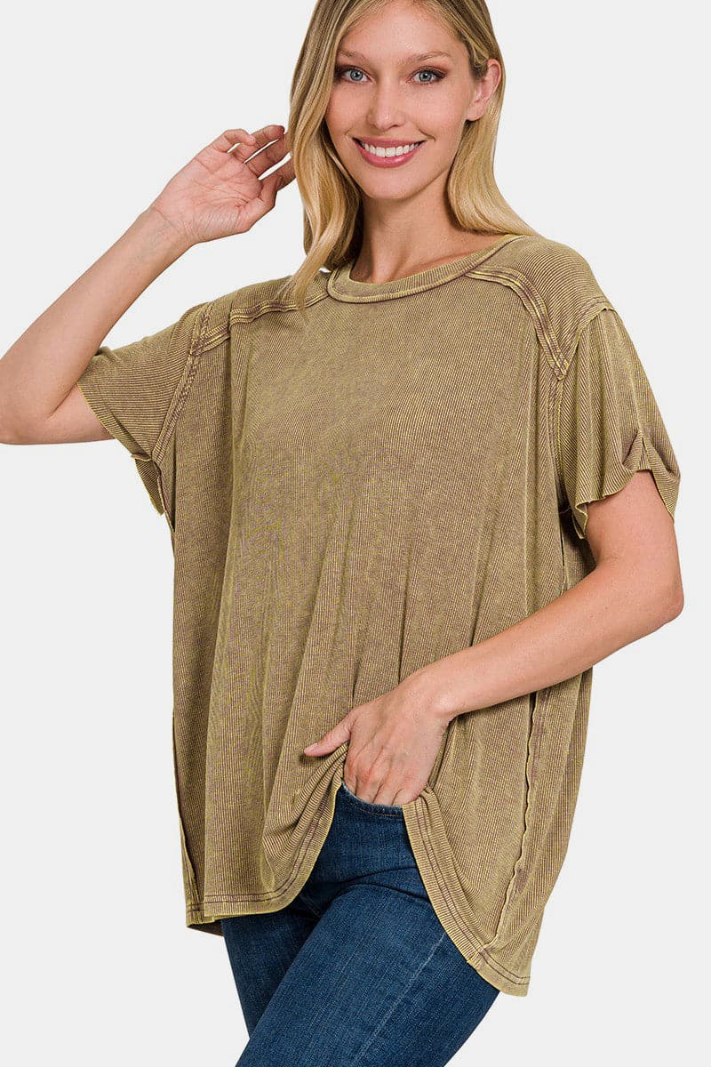 Zenana Washed Ribbed Short Sleeve Top.