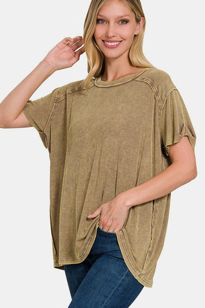 Zenana Washed Ribbed Short Sleeve Top.