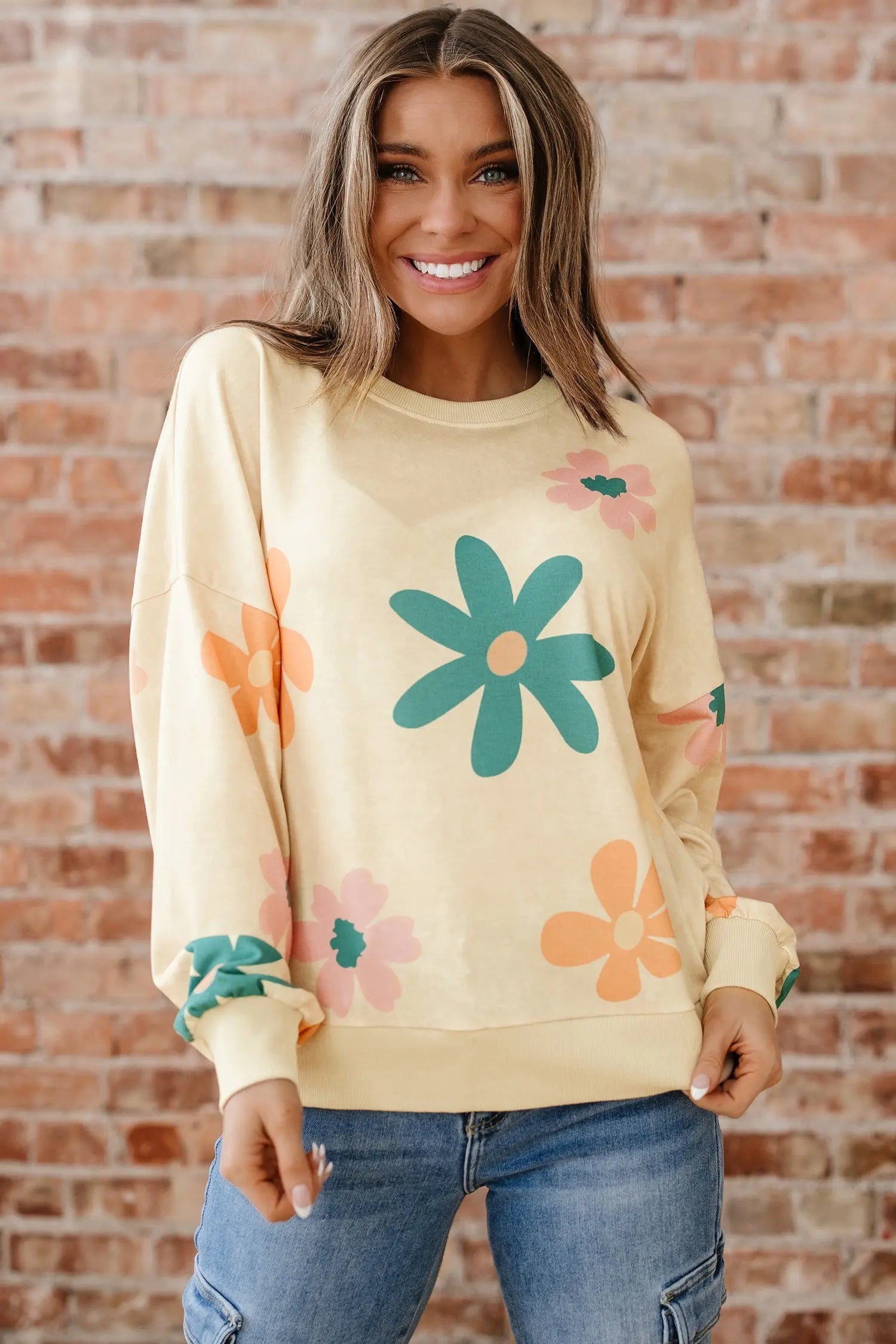 Dear-Lover Khaki Floral Sweatshirt Women's Daily French Terry Pullover - Relaxed Fit Dear-Lover Dropshipping