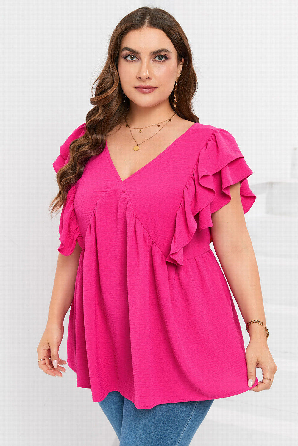 Chic plus size ruffle v-neck tunic with tie-back detail