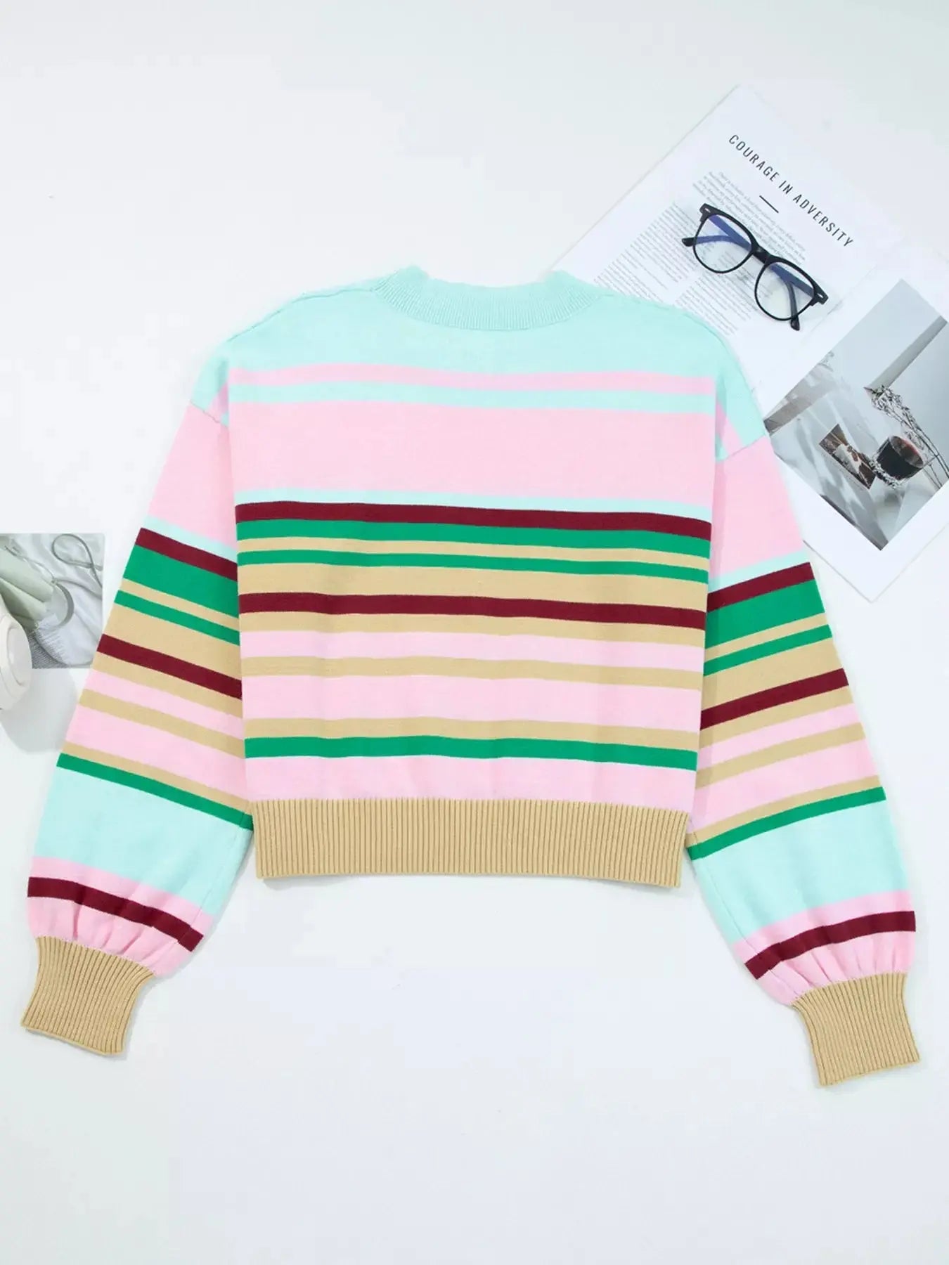 Multicolour Striped Boxy Fit Cropped Knit Sweater With Ribbed Trim Simply Love
