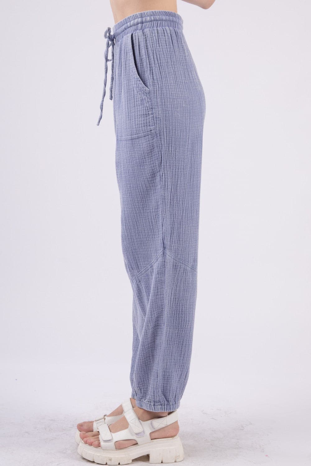 Trendy Utility Drawstring Cargo Pants in Washed Crinkle Gauze