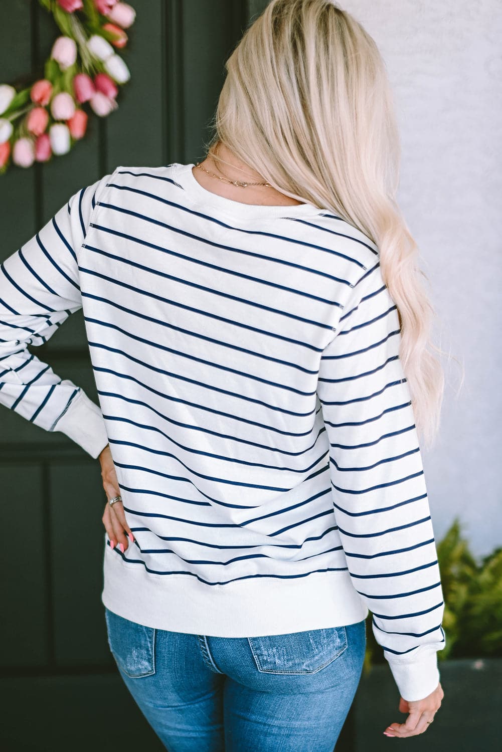 Striped Round Neck Long Sleeve Sweatshirt.