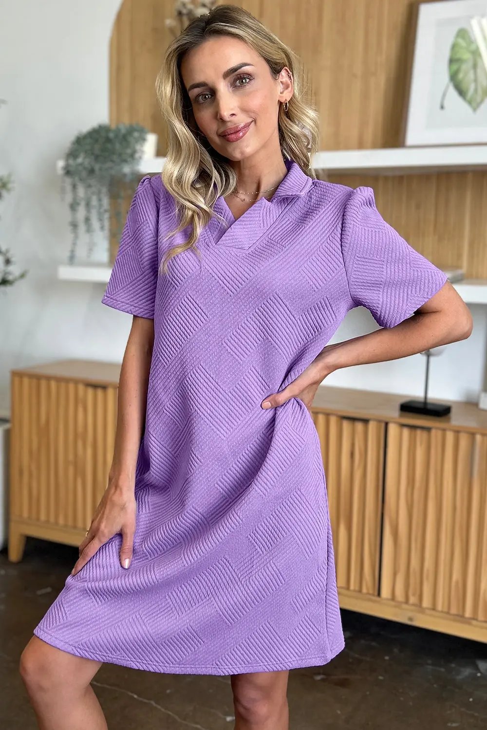 Double Take Full Size Texture Collared Neck Short Sleeve Dress - Love Salve