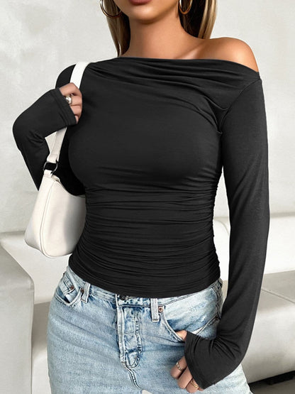 Ruched One Shoulder Long Sleeve T-Shirt.