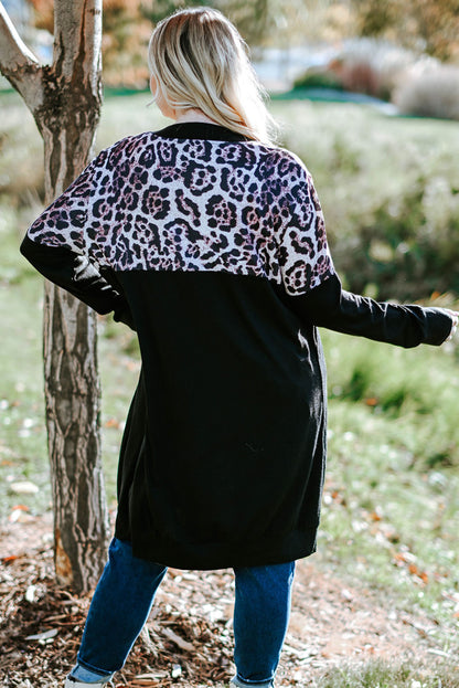 Chic black cardigan with leopard print accents