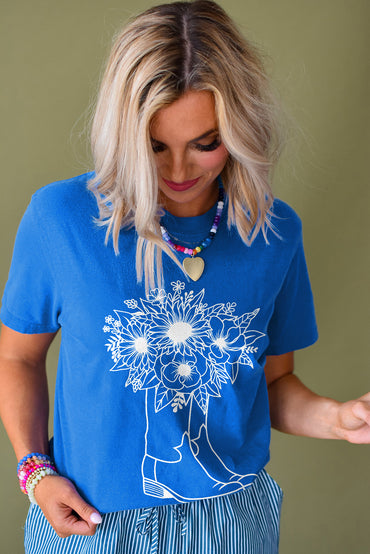 Blue Sunflower Boots Graphic Western Fashion T Shirt for Women