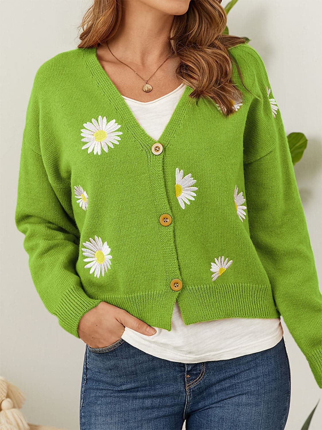 Flower Button Front Dropped Shoulder Cardigan.