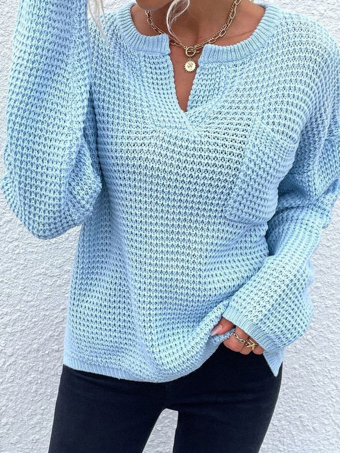 Notched Long Sleeve Sweater.