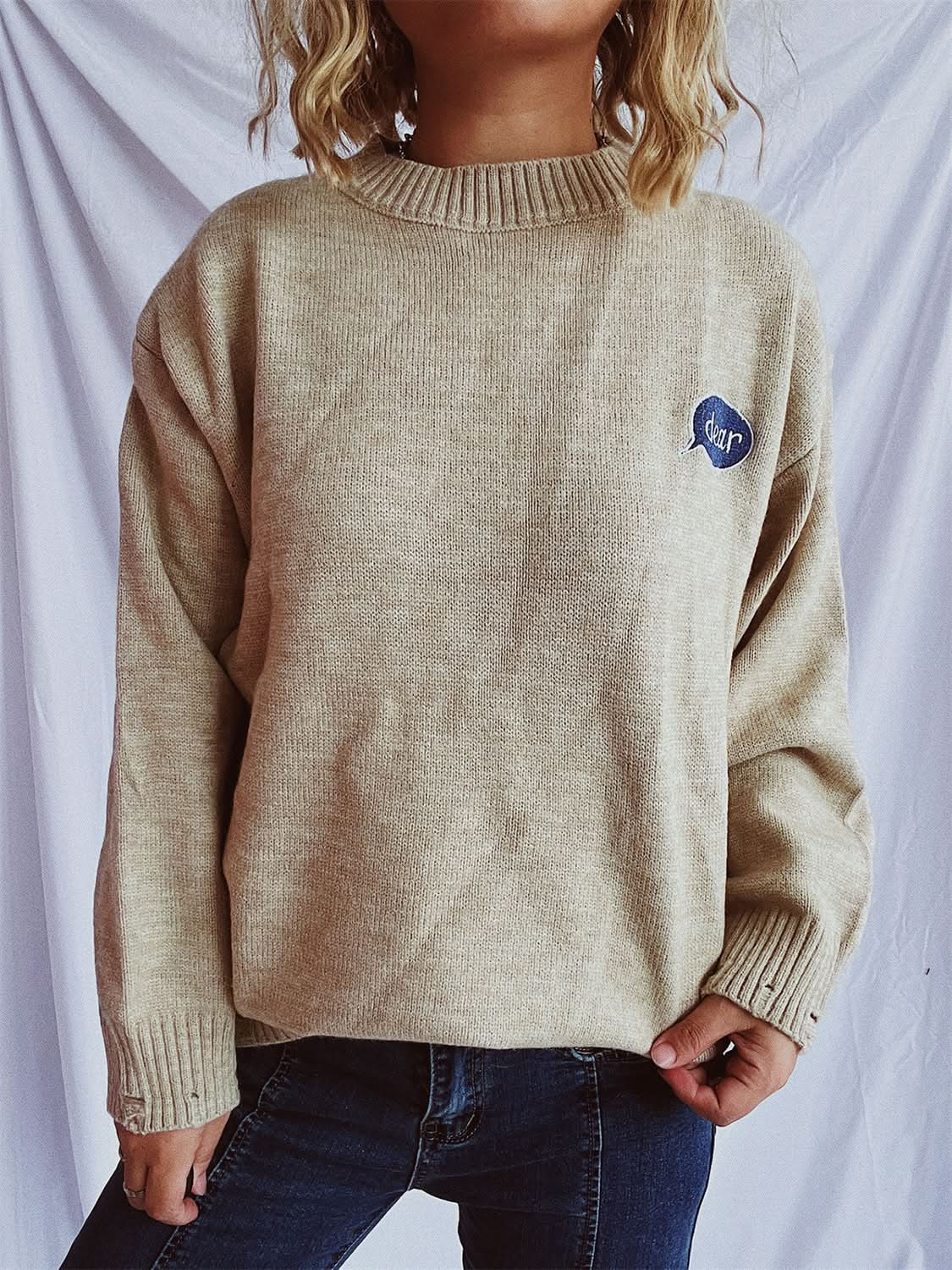 Embroidered oversized sweater with dropped shoulders