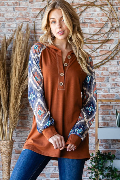 Cozy chic half button hooded long sleeve top with unique print