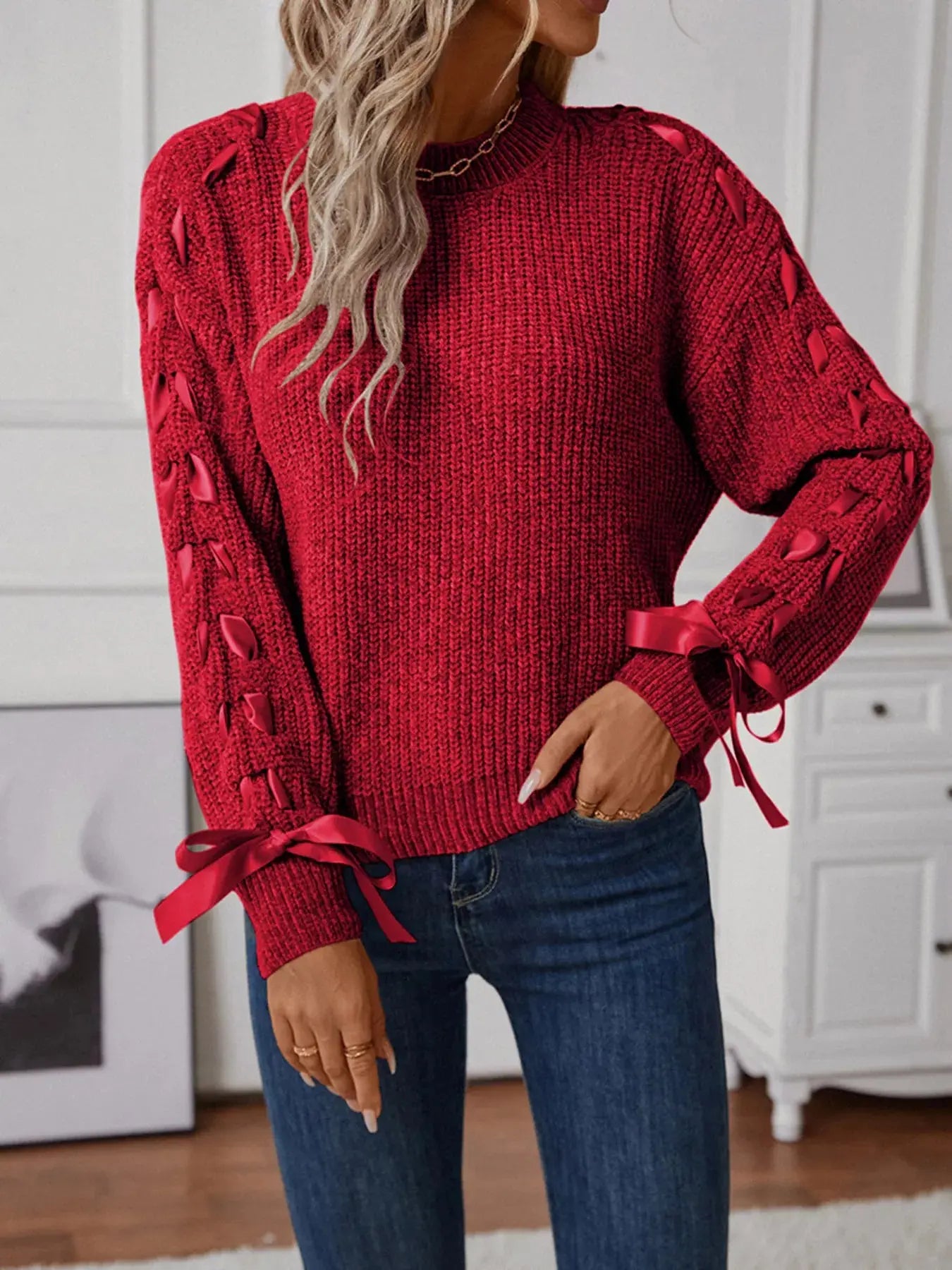 Ribbon-Tie Sleeve Round Neck Sweater Simply Love
