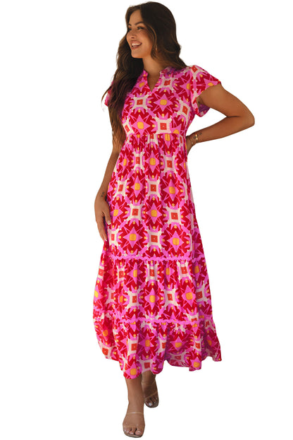 Strawberry pink geo print maxi dress